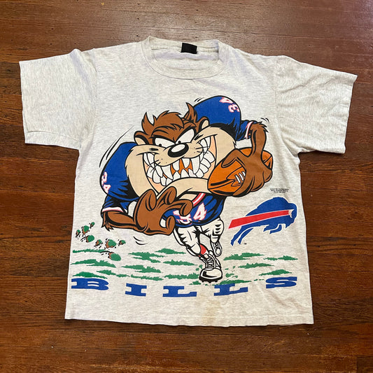 Vintage 1990s Buffalo Bills Taz Looney Tunes All Over Print Cartoon Shirt Size Large RARE