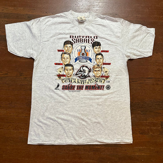 Vintage 1990s Buffalo Sabres Goathead Players Cartoon Shirt Size XL